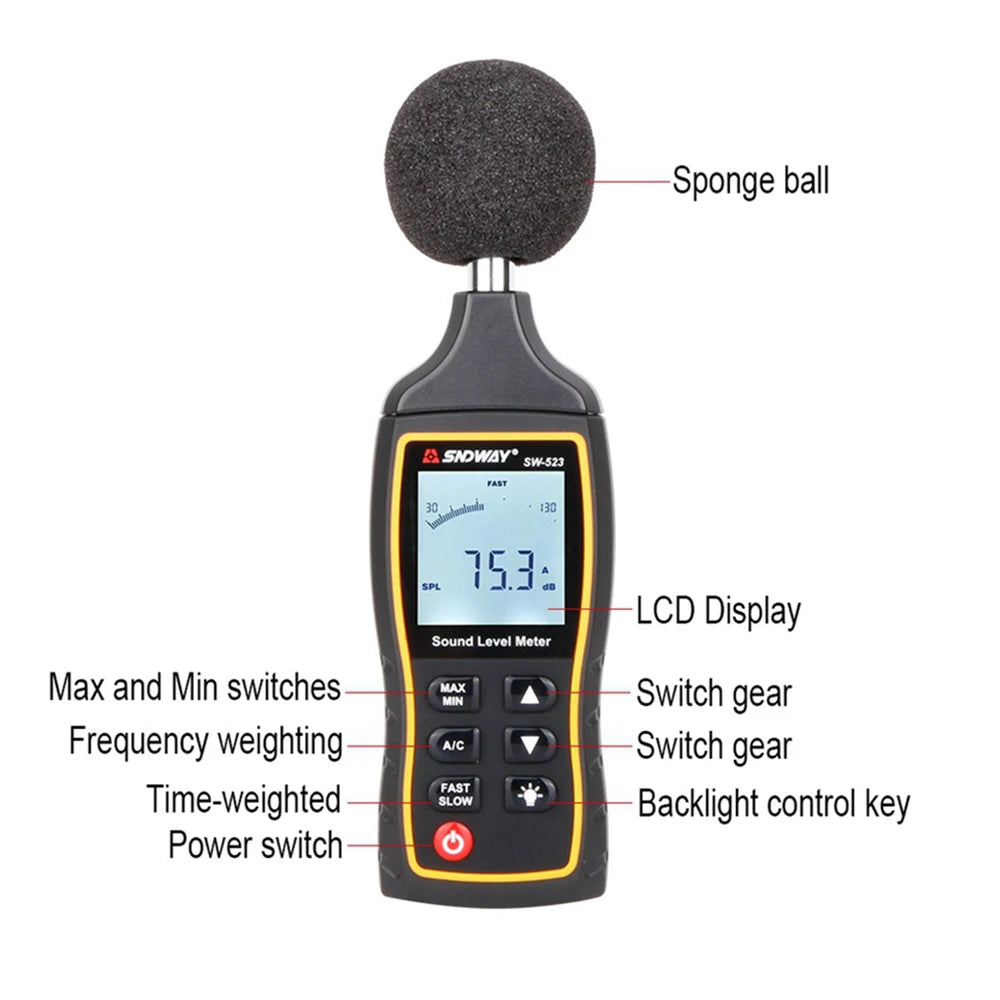 SW-523 Sound Level Meter Digital Decibel Monitoring Tester Amount Measuring Instrument Optical Noise Audio Detector SW-523 Sound Level Meter Digital Decibel Monitoring Tester Amount Measuring Instrument Optical Noise Audio Detector